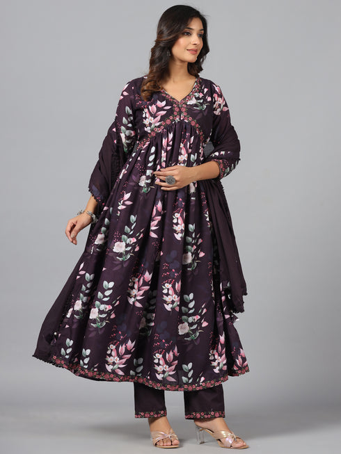 Amchoor Wine Floral Print kurti-set