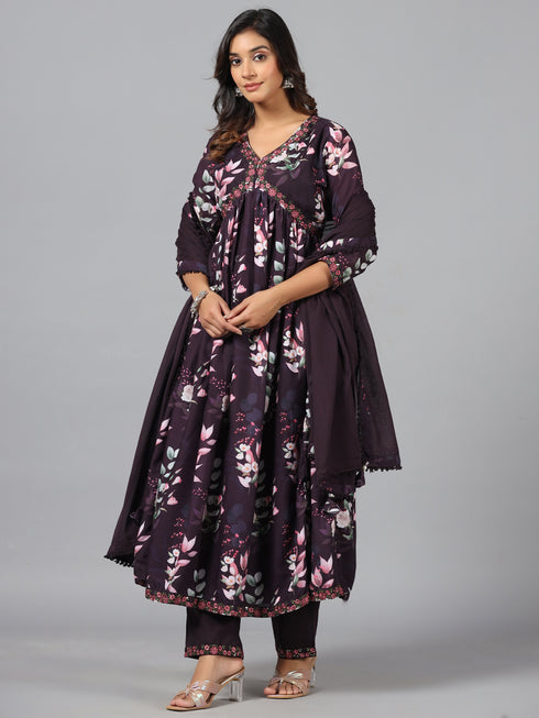Amchoor Wine Floral Print kurti-set