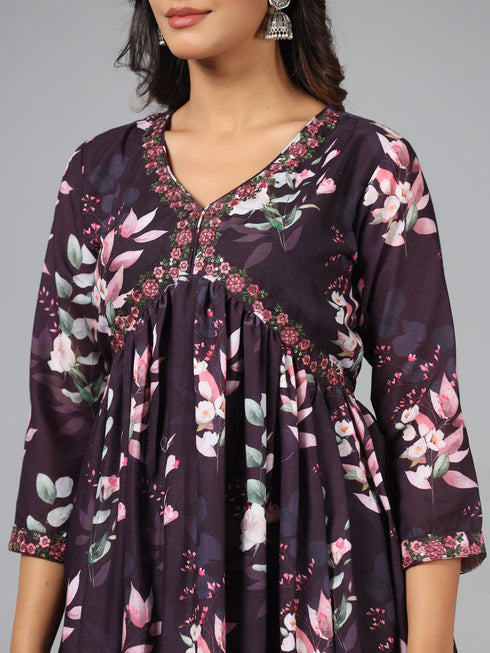 Amchoor Wine Floral Print kurti-set