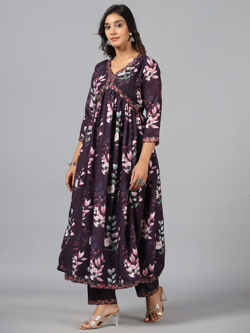 Amchoor Wine Floral Print kurti-set