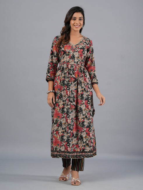 Amchoor Black Floral Printed Kurti Set with Dupatta
