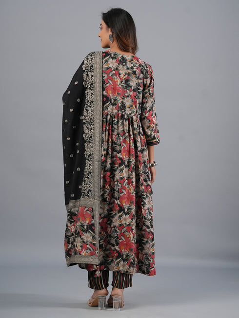 Amchoor Black Floral Printed Kurti Set with Dupatta