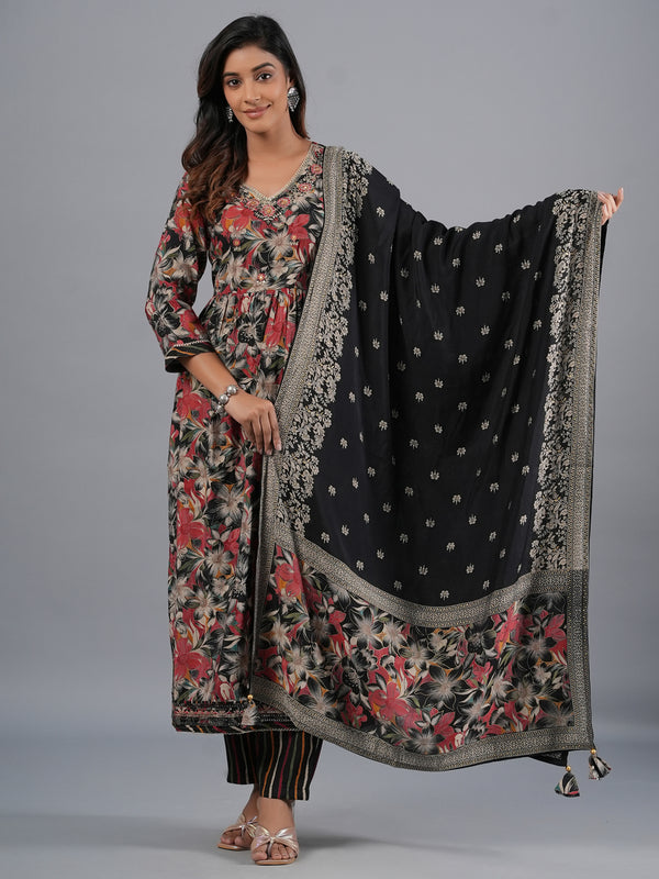 Amchoor Black Floral Printed Kurti Set with Dupatta