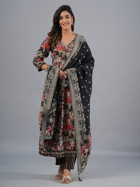 Amchoor Black Floral Printed Kurti Set with Dupatta
