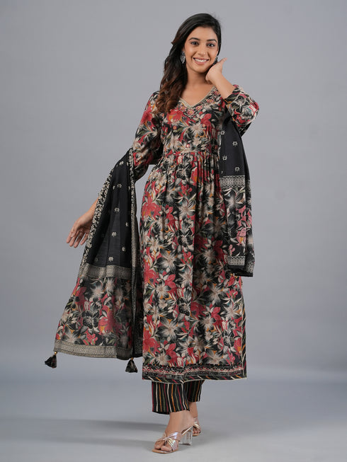 Amchoor Black Floral Printed Kurti Set with Dupatta