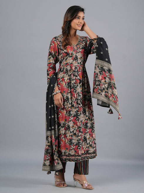 Amchoor Black Floral Printed Kurti Set with Dupatta