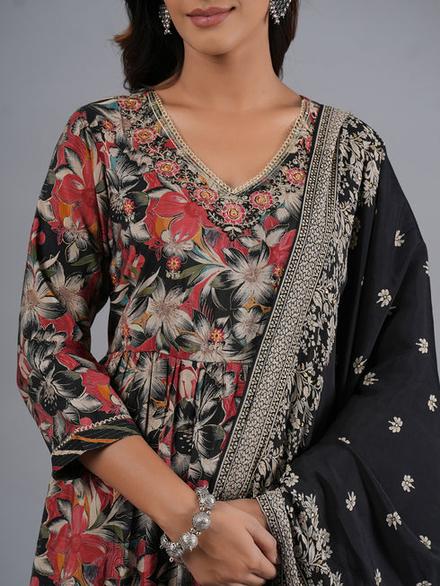 Amchoor Black Floral Printed Kurti Set with Dupatta
