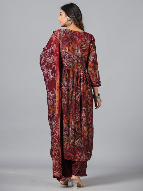 Amchoor Wine Botanical Print kurti set