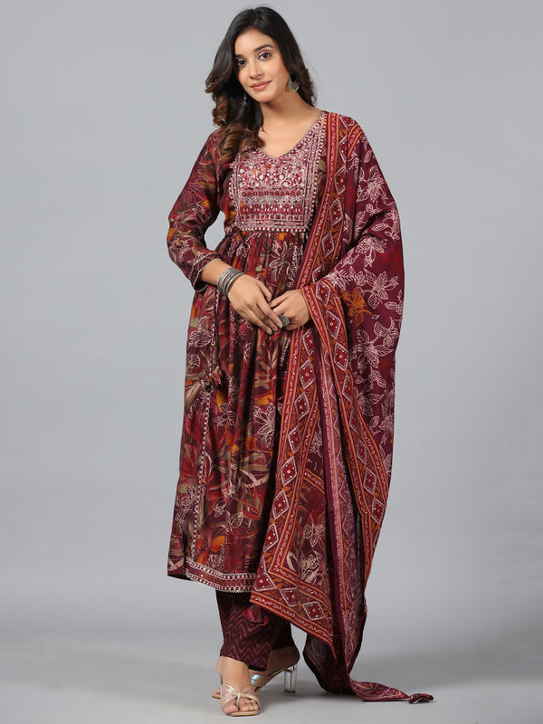 Amchoor Wine Botanical Print kurti set