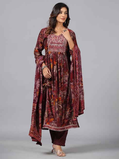 Amchoor Wine Botanical Print kurti set