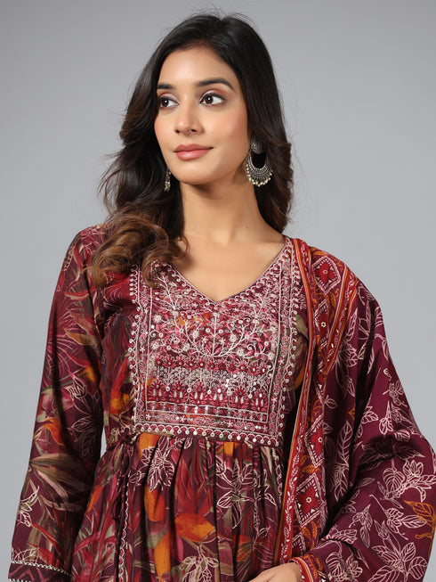 Amchoor Wine Botanical Print kurti set