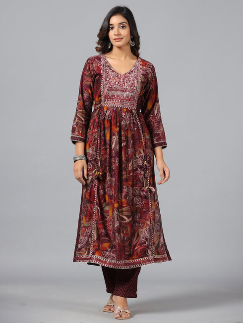 Amchoor Wine Botanical Print kurti set