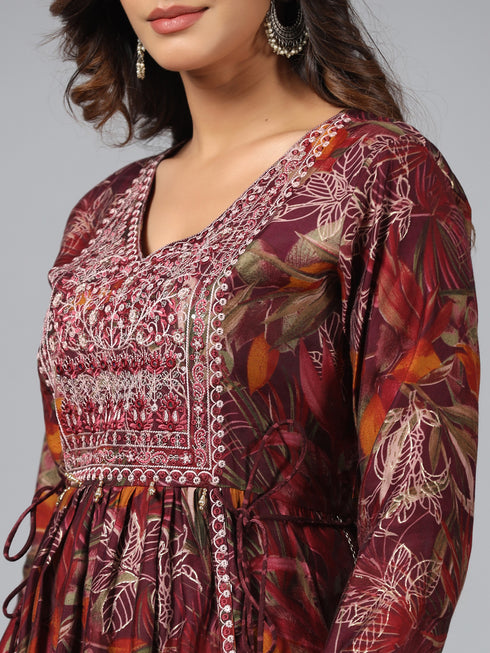 Amchoor Wine Botanical Print kurti set