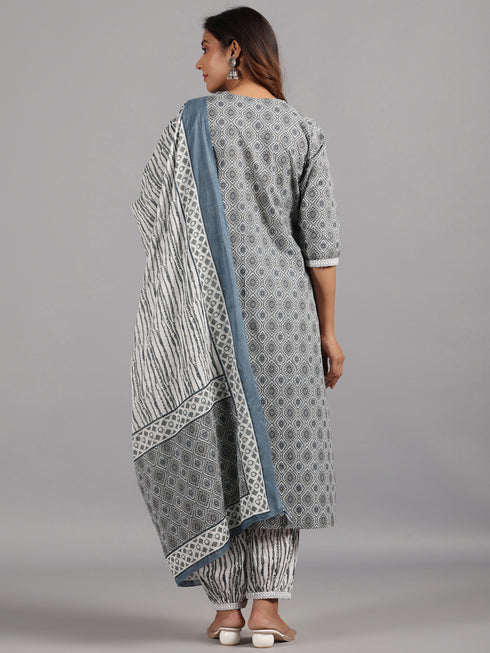 Amchoor Gray Embroidered Printed Cotton Kurti Sets with Dupatta