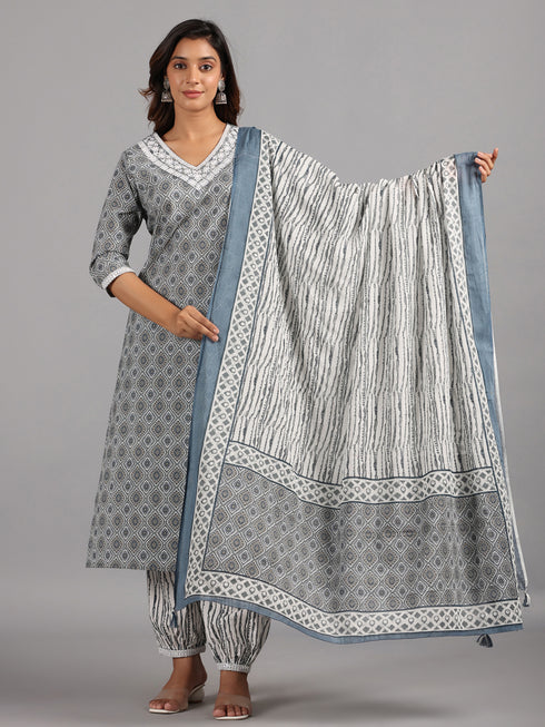 Amchoor Gray Embroidered Printed Cotton Kurti Sets with Dupatta