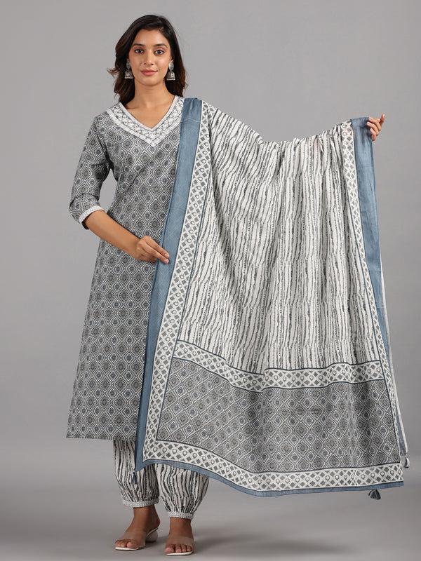 Amchoor Gray Embroidered Printed Cotton Kurti Sets with Dupatta