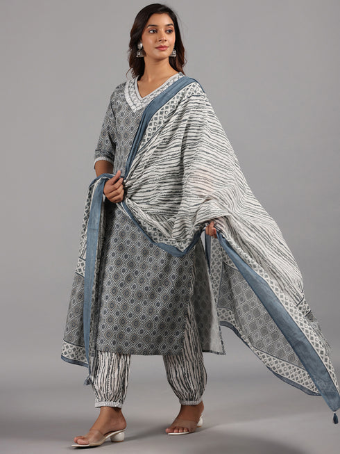 Amchoor Gray Embroidered Printed Cotton Kurti Sets with Dupatta