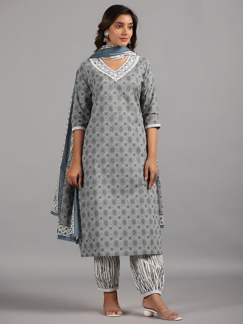 Amchoor Gray Embroidered Printed Cotton Kurti Sets with Dupatta