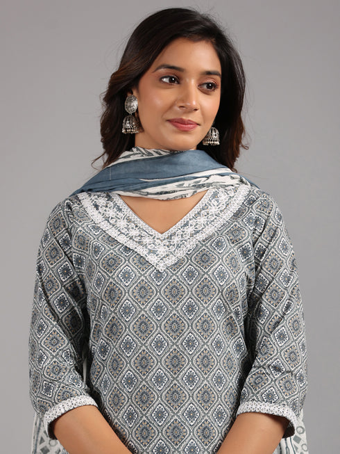 Amchoor Gray Embroidered Printed Cotton Kurti Sets with Dupatta