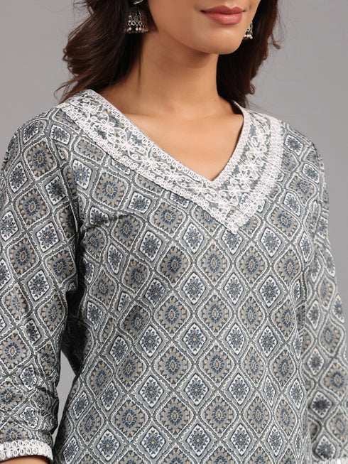 Amchoor Gray Embroidered Printed Cotton Kurti Sets with Dupatta