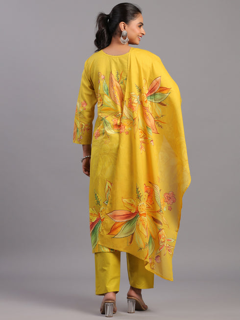 Mustard Cotton Floral Kurti Set