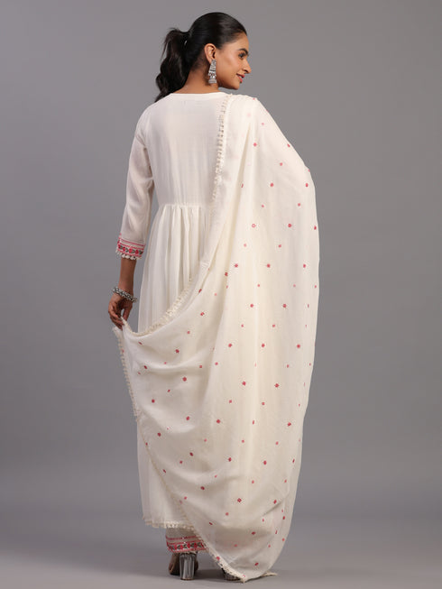 Cream Cotton Mirror Work Embroidered Anarkali Kurti Set