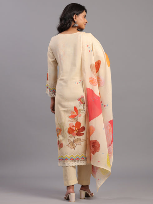 Cream Floral Print Kurti Set