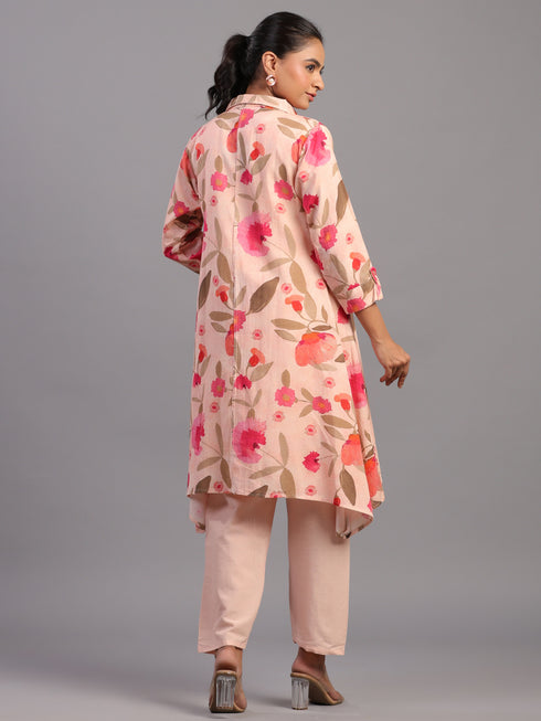 Peach Cotton Linen Floral Print 3pc Co Ord Set