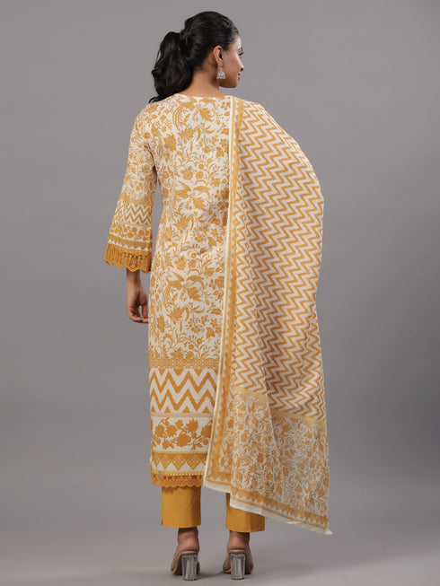 Mustard Cotton Printed Kurti Set