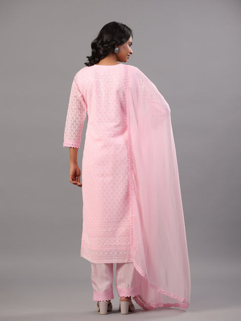 Pink Goergette Embroidered Kurti Set