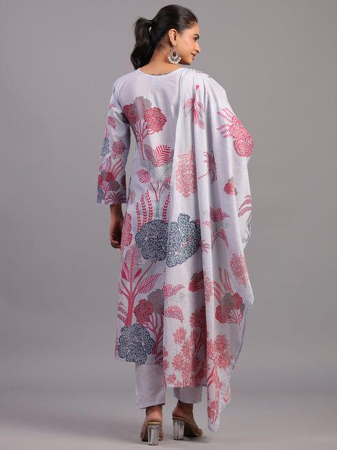 Purple Cotton Blend Botanical Kurti Set