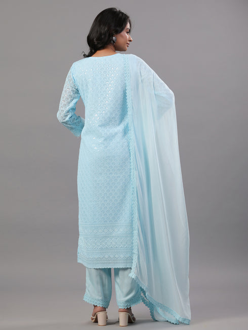 Blue Goergette Embroidered Kurti Set