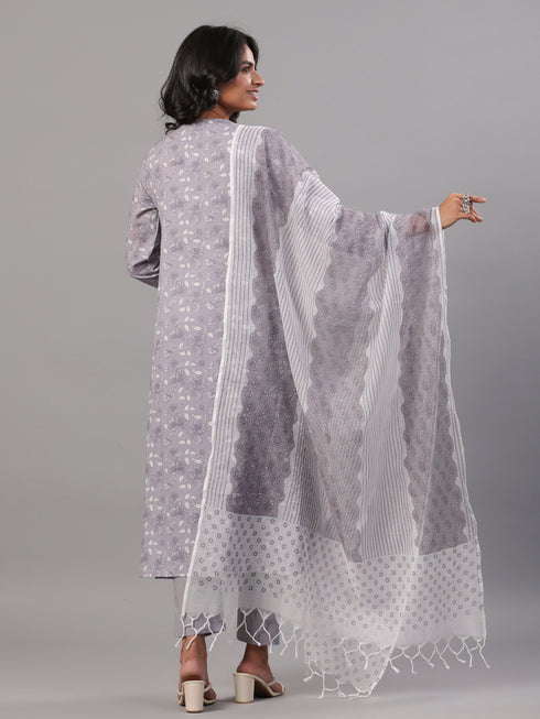 Grey Floral Printed Kurti Set