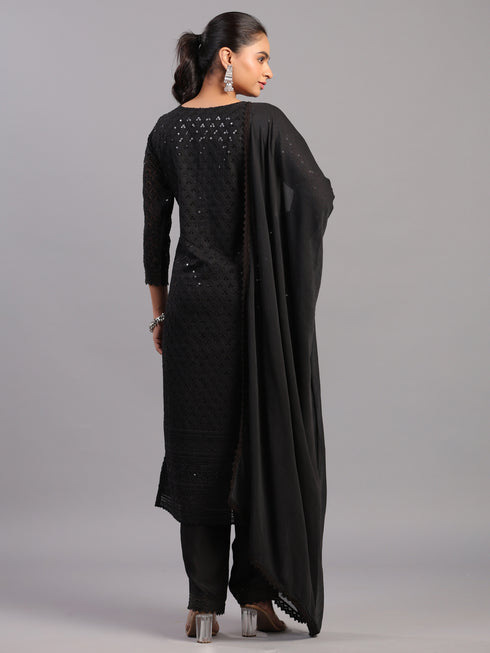 Black Goergette Embroidered Kurti Set