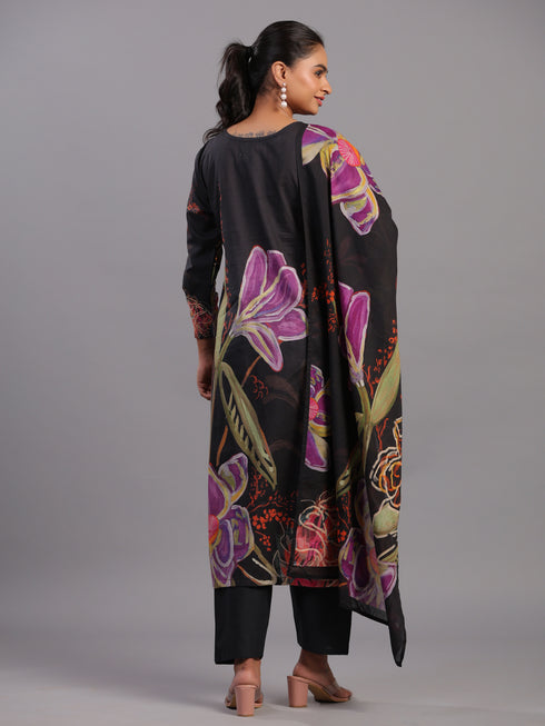Black Cotton Abstract Print Kurti Set