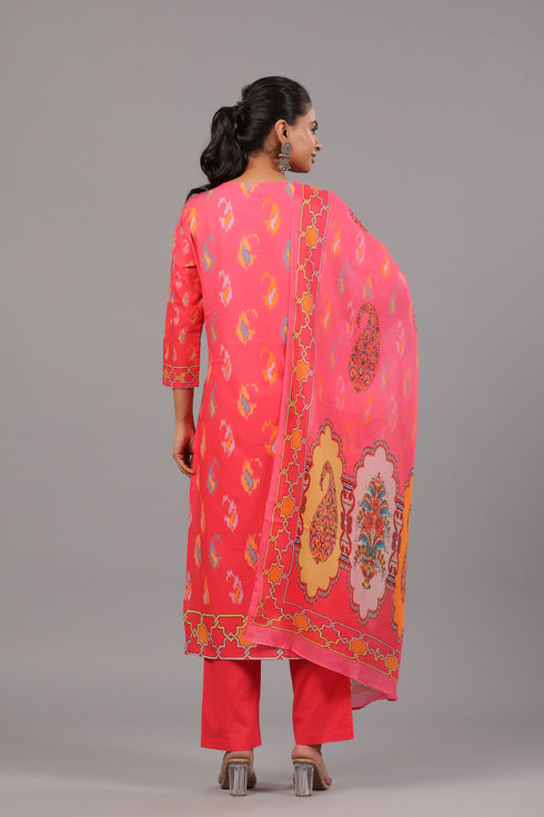 Pink Digital Print Kurti Set With Neck Embroidered