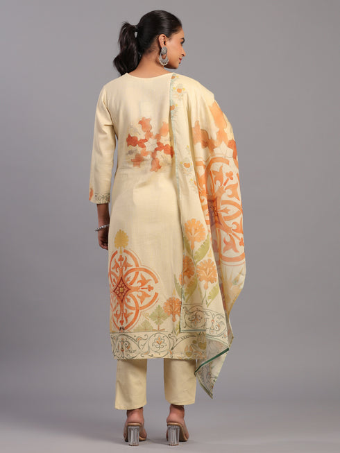 Beige Cotton Linen Abstract Print Hand Embroidery Kurti Set
