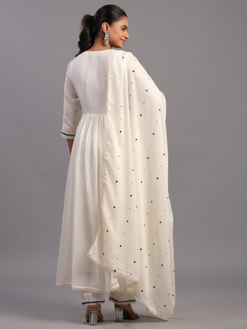 Cream Cotton Mirror Work Embroidered Kurti Set