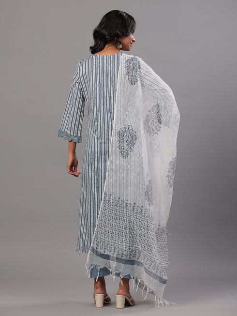 Grey Striped Print Kurti Set