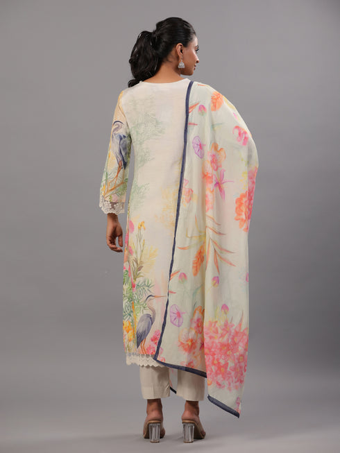 Cream Botanical Print Kurti Set