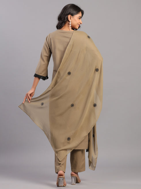 Olive Green Cotton Linen Floral Embroidered Kurti Set