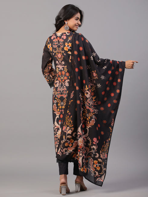 Black Block Print Mirror Work Kurti Set