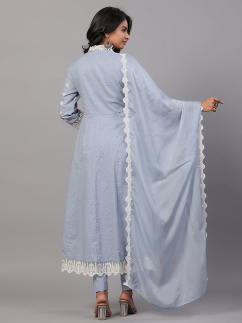 Grey Cotton Embroidered Anarkali Kurti Set
