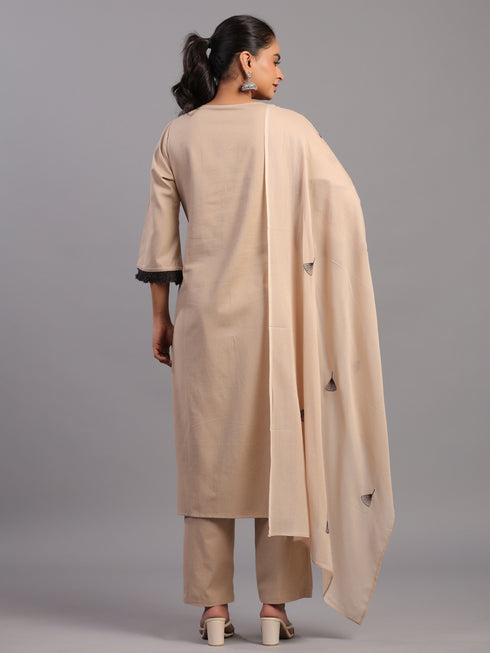 Beige Cotton Linen Floral Embroidered Kurti Set