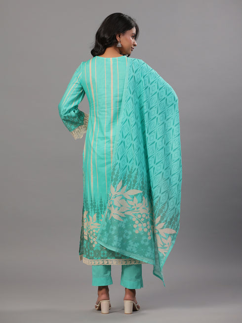 Sea Green Printed Kurti Set With Lace Detailed