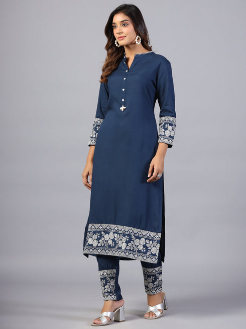 Amchoor Navy Blue Solid Printed Border Work Kurti with Pant