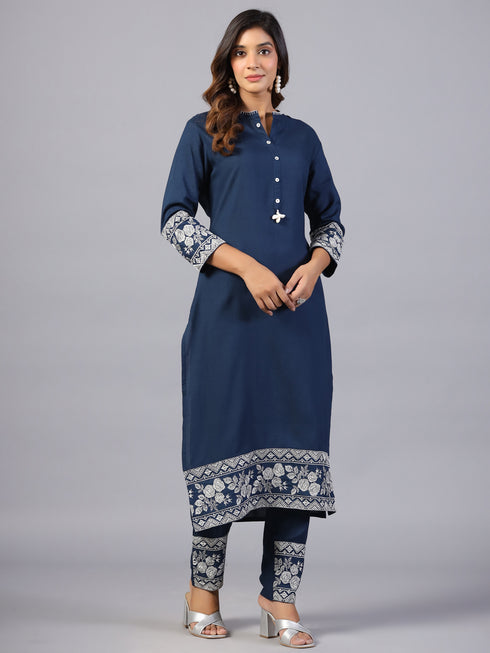 Amchoor Navy Blue Solid Printed Border Work Kurti with Pant