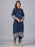 Amchoor Navy Blue Solid Printed Border Work Kurti with Pant