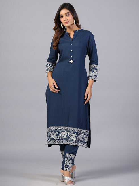 Amchoor Navy Blue Solid Printed Border Work Kurti with Pant
