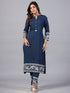 Amchoor Navy Blue Solid Printed Border Work Kurti with Pant